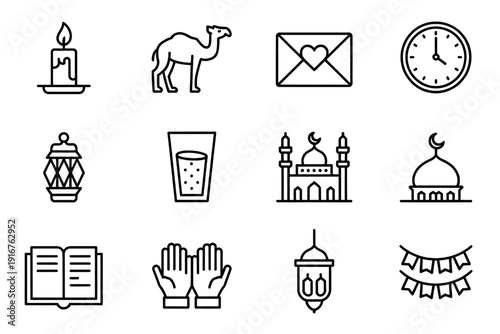A collection of icons representing various aspects of religion and spirituality isolated on transparent background