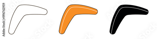 Bright orange boomerang icon set shown in outline, solid orange, and black silhouette versions on a white background.
