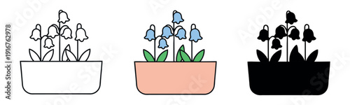Delicate bluebell flowers in a long pink planter. Vector graphic set including line art, color, and silhouette versions for garden design