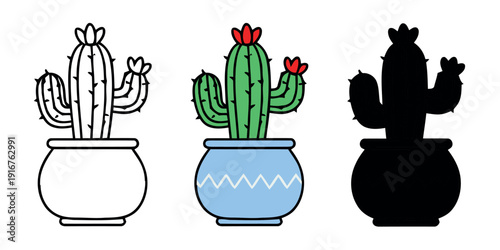 Spiny green cactus with red flowers in a blue decorative pot. Minimalist vector set in outline, color, and black silhouette.