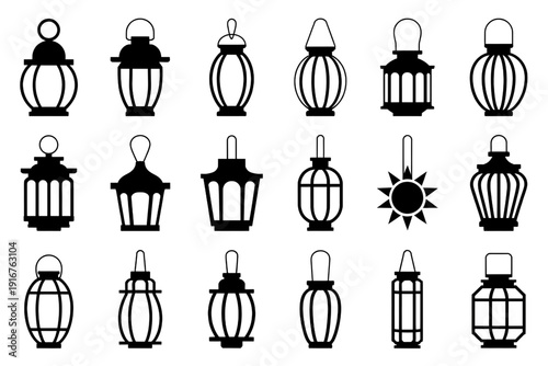 A collection of various lantern designs and light sources in black and white isolated on transparent background