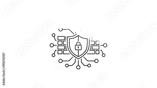 Conceptual illustration of cybersecurity and data protection with circuit network motif and shield.