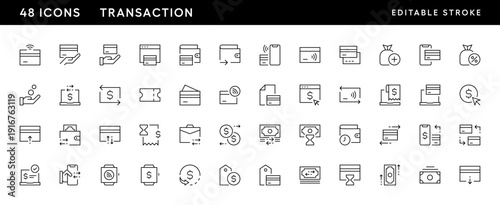 Transaction and payment icon set Online payment, money, transaction, exchange, wallet, money bag and more. Editable stroke. Pixel Perfect. Grid base 32 x 32.