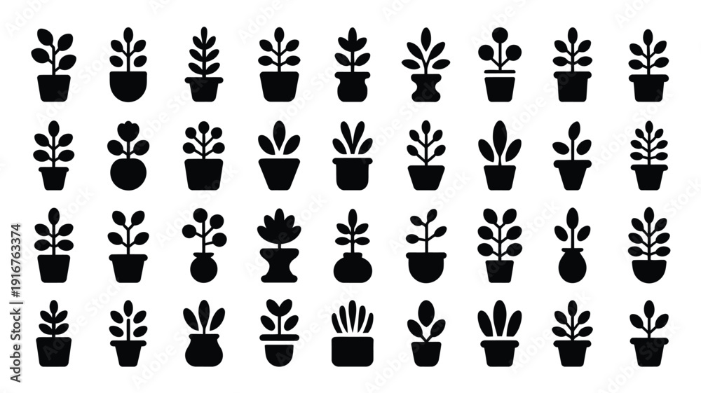 Naklejka premium Collection of decorative indoor plant silhouettes in black pots on white background for design and decoration