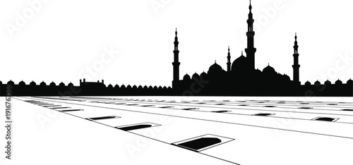 islamic mosque silhouette skyline courtyard perspective architecture ramadan background arabic religion landmark vector illustration black white