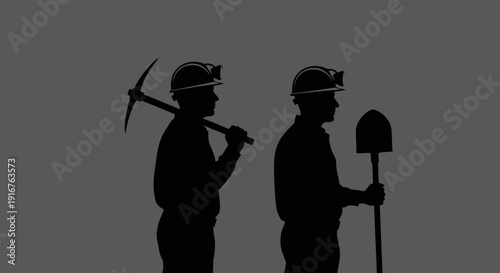 Silhouette of Miners with Tools A Glimpse into the Mining Industry.