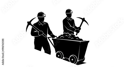 Silhouette of Miners with Pickaxes and a Cart Full of Coal.