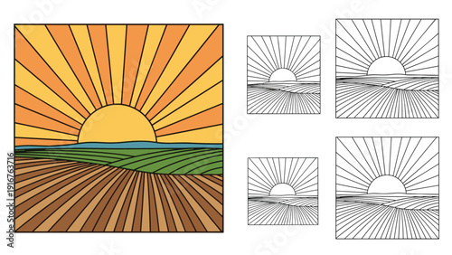 Side-by-side illustration of a vibrant sunset over rolling fields, presented in color and multiple monochrome line art versions for coloring, ideal for artistic expression and relaxation.