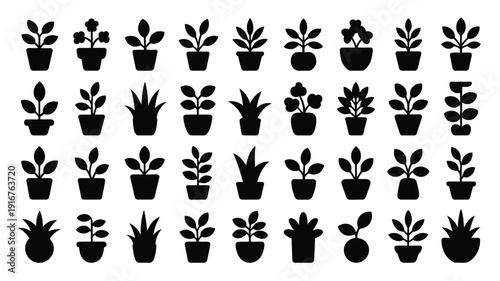 Collection of thirty diverse potted plant silhouettes arranged in grid pattern on white background varying shapes and sizes