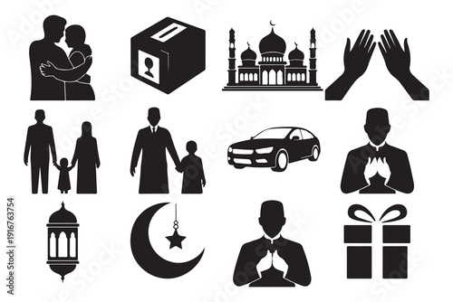 Set of islamic silhouettes, muslim family embracing, donations, praying, mosque, moon, lantern, gift and car