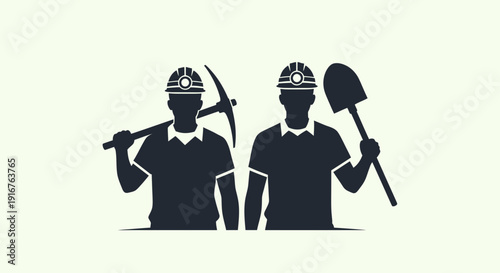 Silhouette of Two Miners with Pickaxe and Shovel Symbolizing Labor and Industry.