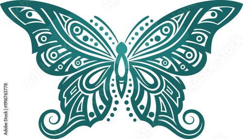 Intricate Teal Butterfly with Geometric Patterns and Swirls