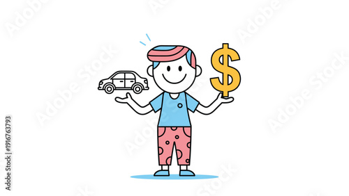 Smiling boy with striped hair and patterned pants balances a small car and a large dollar sign, symbolizing car ownership, financial decisions, and value.