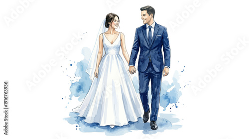 Watercolor wedding couple walking hand in hand, isolated illustration.
