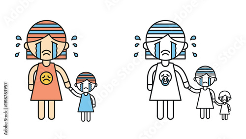 Side-by-side illustration of a crying mother and child holding hands, presented in color and as a monochrome outline for coloring, depicting sadness and emotional distress.