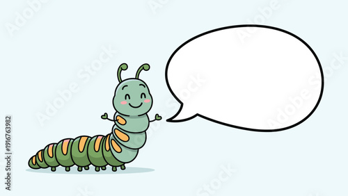 Cute, smiling cartoon caterpillar with vibrant green and orange segments cheerfully looks towards an empty speech bubble, ready for a playful message.