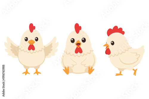 Adorable Baby Chicken Mascot Collection, Cute White Hen Character Waving and Sitting, Kawaii Farm Animal Vector Assets for Stickers and Design