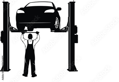 Black vector silhouette of a car mechanic working on a vehicle raised on a hydraulic lift in auto repair garage