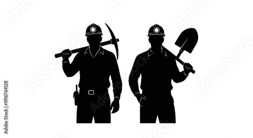 Silhouetted Miners with Pickaxe and Shovel Labor and Industry 1.