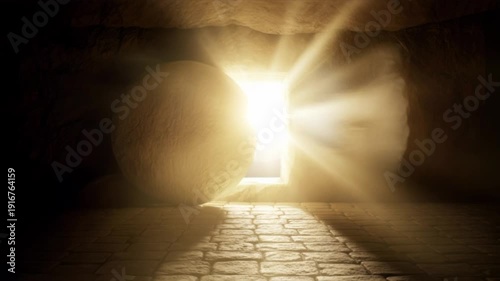 Empty cave tomb with bright light shining from open entrance. Ressurection day concept for Christianity Easter holiday. Religion, hope, life footage