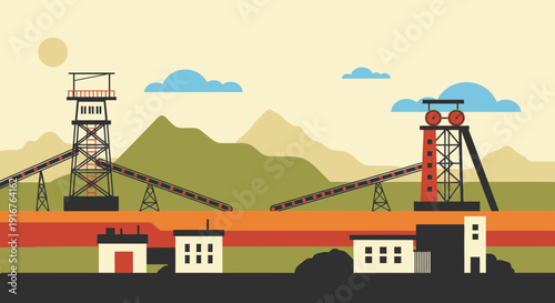 Stylized Coal Mine Landscape with Towers and Buildings.