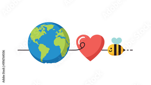 Stylized image connecting Earth to a red heart and then to a cute cartoon bee, profoundly symbolizing environmental care, global love, and pollinator protection.