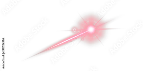 Red laser beam with glowing flare isolated on transparent background.