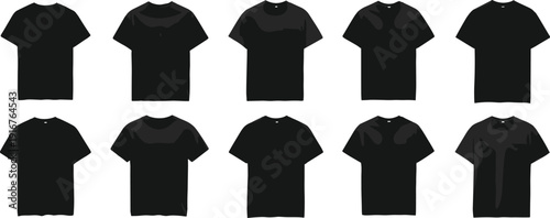 Black t shirt mockup set, realistic blank short sleeve apparel templates isolated vector collection for fashion branding and print design