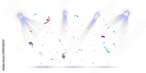 Blue spotlights with falling confetti isolated on transparent background.