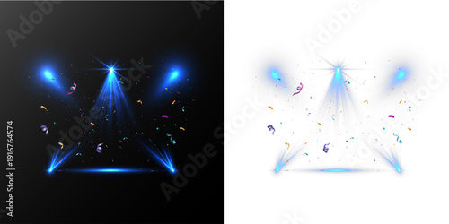 Blue stage spotlights with confetti isolated on transparent background.
