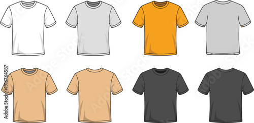 Blank t shirt mockup set, front and back views in multiple colors isolated vector illustration for apparel print design