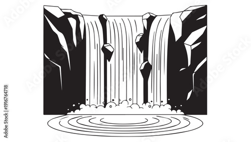 Two Figures at a Majestic Canyon Waterfall Over a Serene Circular Pool.