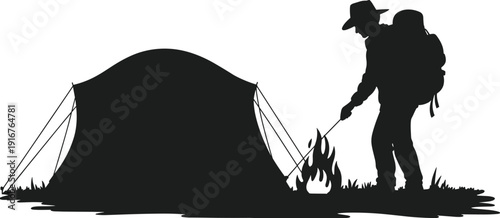 Camper Tent Hiking Adventure Outdoor Travel Silhouette Landscape Expedition Wilderness Trekking Camping Vector