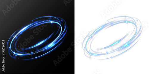 Blue glowing light ring swirl effect isolated on transparent background.