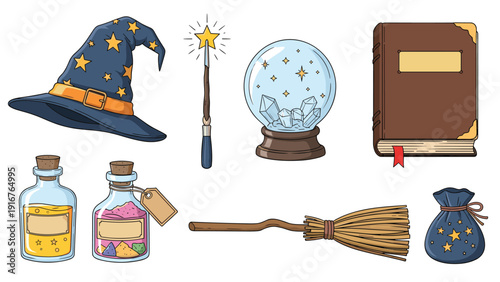Collection of various wizardry and magic-themed items, including a witch's hat, magic wand, crystal ball, spellbook, potions, broomstick, and a magic bag, perfect for fantasy.