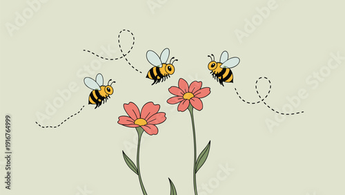 Four cheerful cartoon bees flying with dashed paths towards two blooming flowers, beautifully depicting the vital process of pollination and nature's cycle.