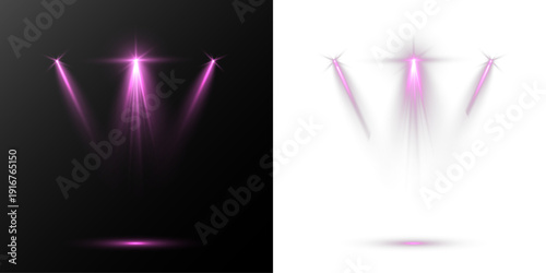 Pink stage spotlights beams isolated on transparent background, dramatic concert lighting effect.