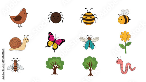 Collection of diverse cartoon nature elements, featuring a bird, spider, bees, snail, butterfly, fly, flower, trees, and a worm, depicting a lively ecosystem.