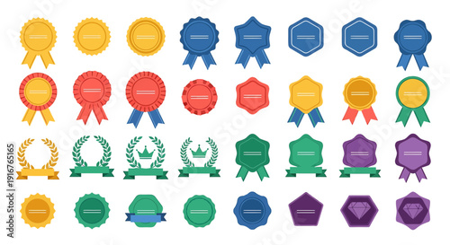 Collection of colorful award ribbons and badges in various shapes and sizes for recognition and achievement