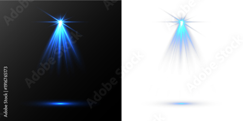 Blue spotlight beam with star flare, glowing stage light isolated on transparent background.