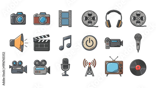 Comprehensive collection of various media and entertainment icons, including cameras, film reels, headphones, speakers, microphones, a TV, and a record, representing creative content.