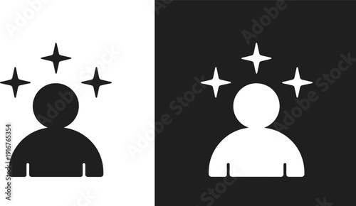 User rating icon set, positive feedback person silhouette with star symbols outline and solid vector illustration for review testimonial design