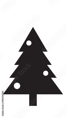 Minimalist Black Christmas Tree Silhouette with Ornaments on White Background.