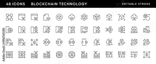Blockchain technology line icon collection. Digital asset, digital money, cryptocurrency, virtual currency, encryption and more. Editable stroke. Pixel Perfect. Grid base 32 x 32.