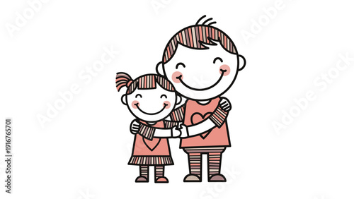 Cute illustration of a happy boy and girl hugging affectionately, both adorned with striped patterns and heart motifs, symbolizing sibling love and friendship.
