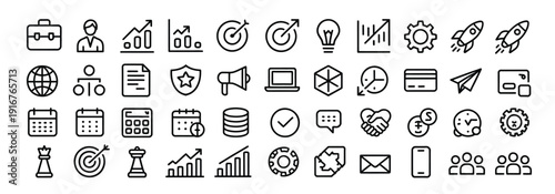 minimalist business and marketing icon set, strategy finance communication growth analytics branding and management line vector symbols.