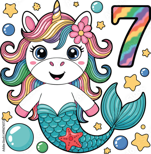 Magical unicorn mermaid hybrid with number seven rainbow starfish and bubbles for seventh birthday anniversary.