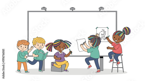 Group of diverse smiling children engaged in creative activities, drawing and writing on paper and a large whiteboard, fostering collaboration and learning.