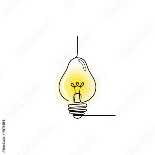 Simple Line Drawing of Illuminated Light Bulb.