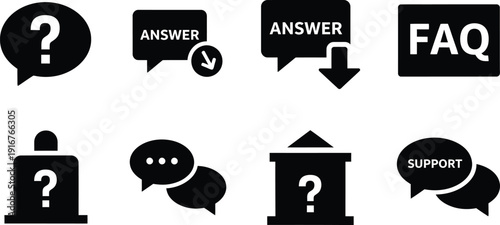 Black and white icons for faq and support